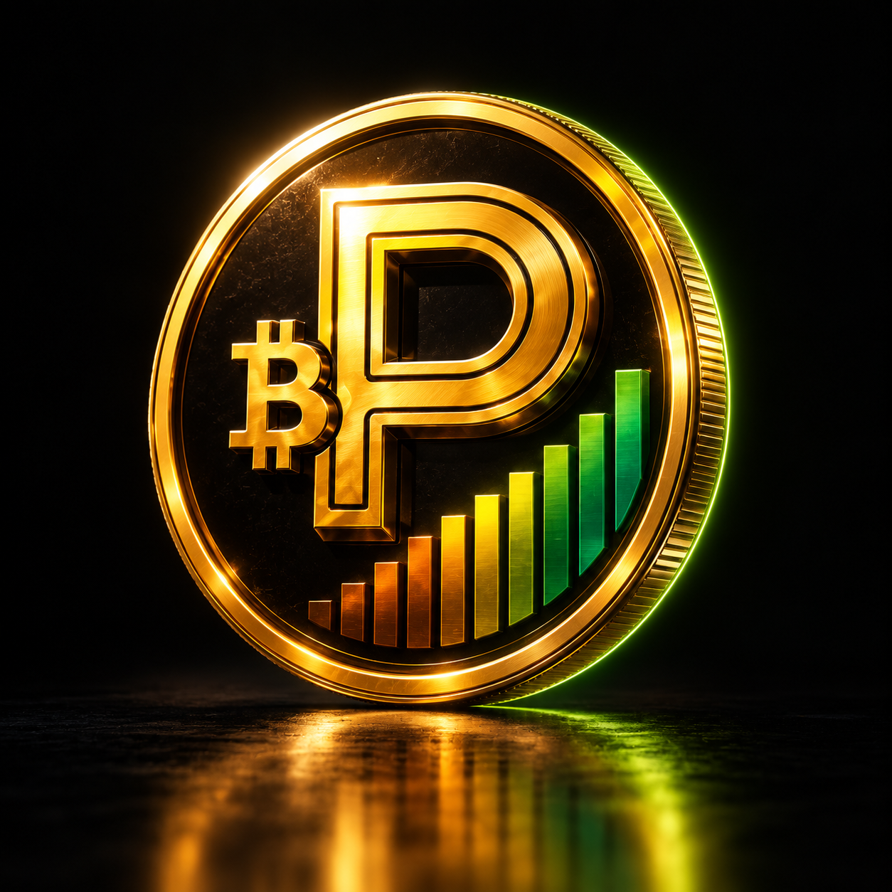 The gold Pumpolinsky emblem, with Bitcoin and rising green bars